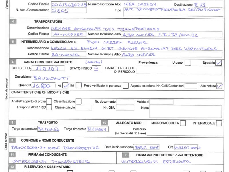 formulario di rifiuti deutsch